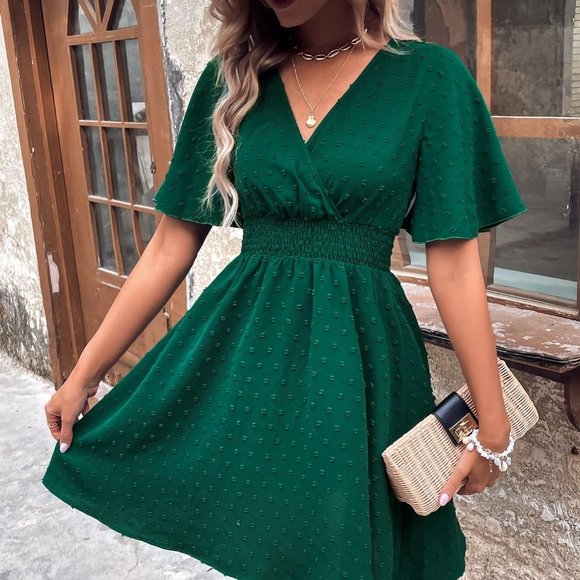 . Dresses & Skirts - Green Womens Swiss Dot Butterfly Sleeve A-line mini Dress